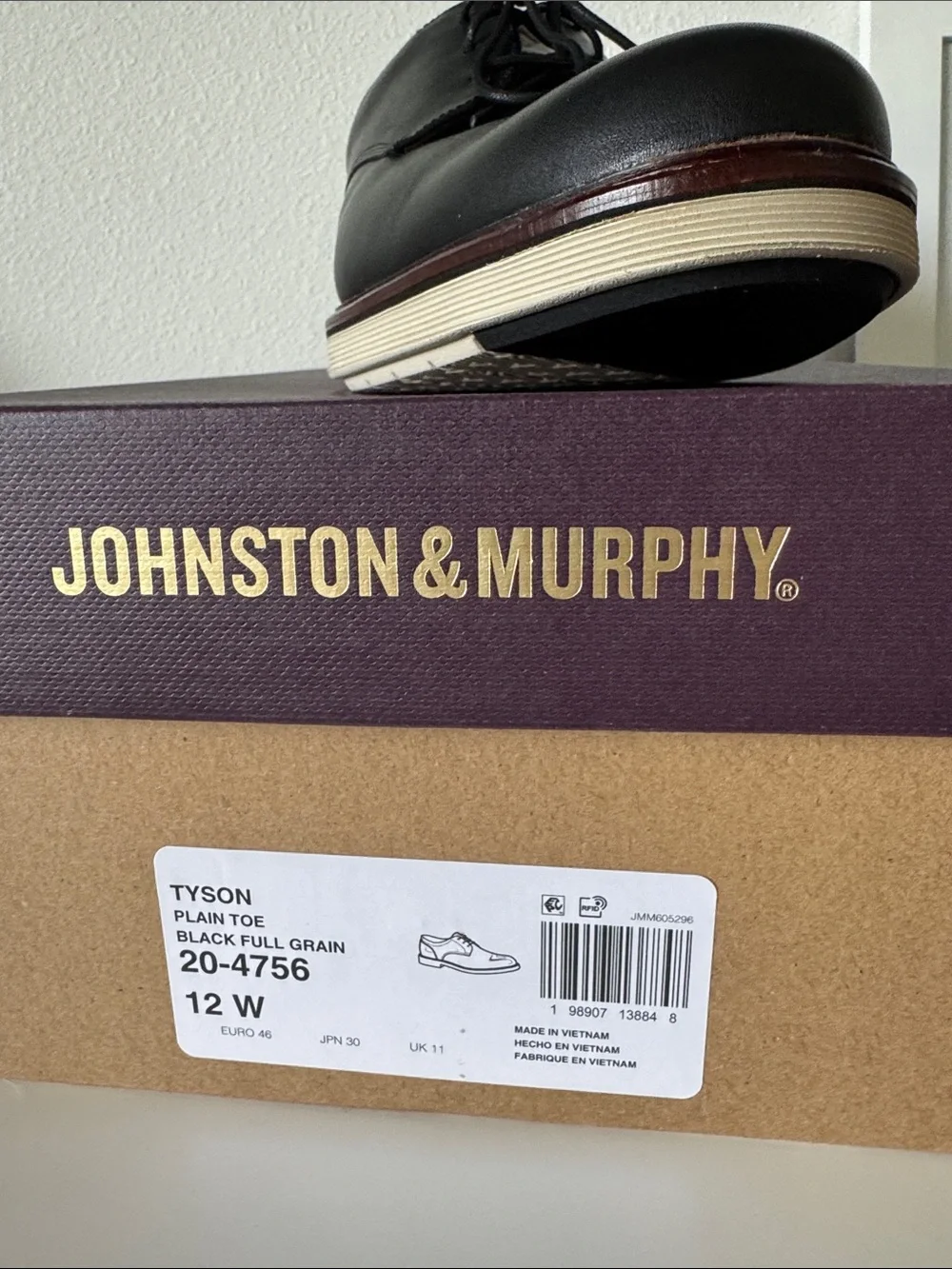 Johnston & Murphy Black Leather Derby with Cream Contrast Sole